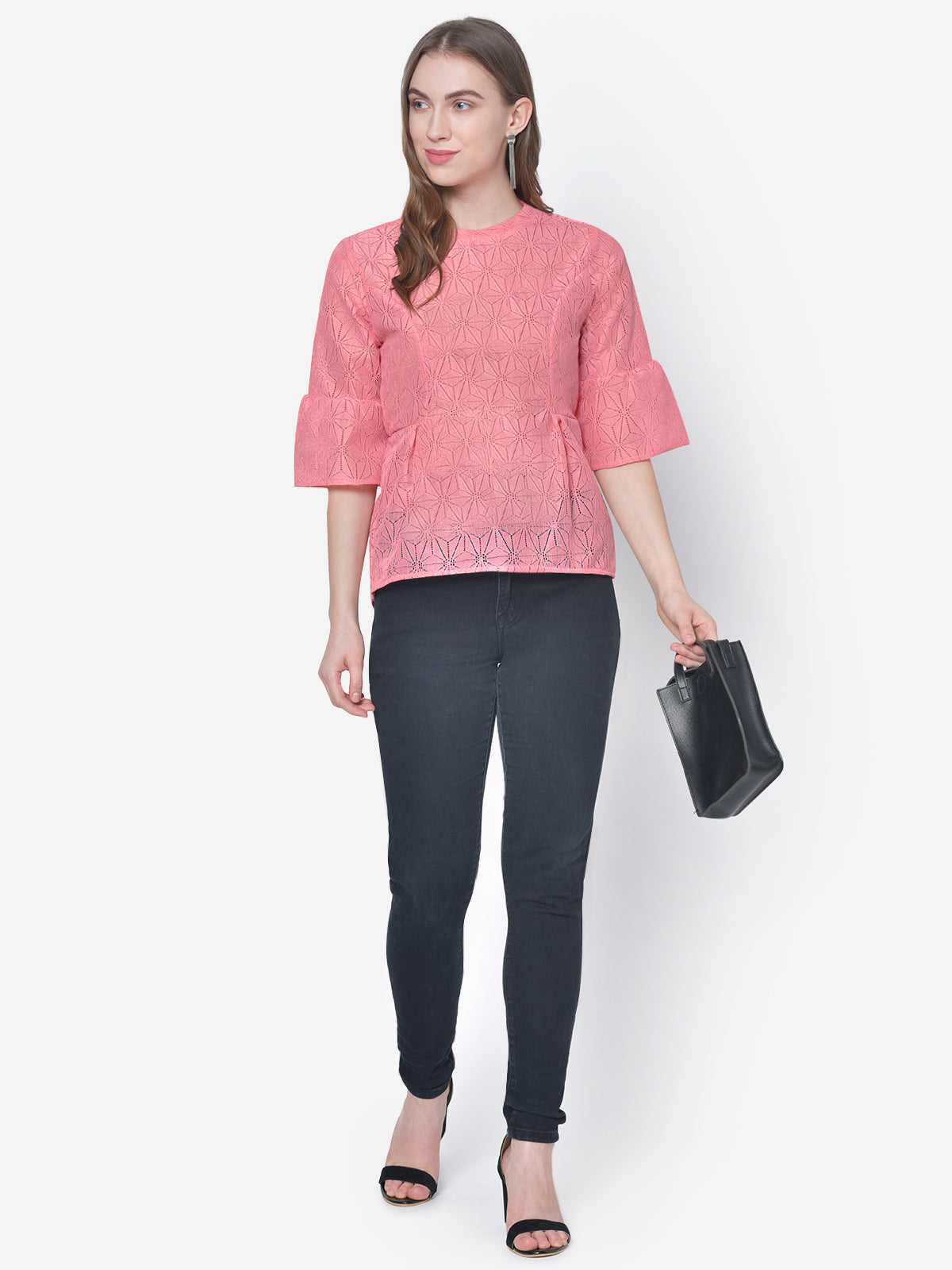Women Pink Lace Peplum Top