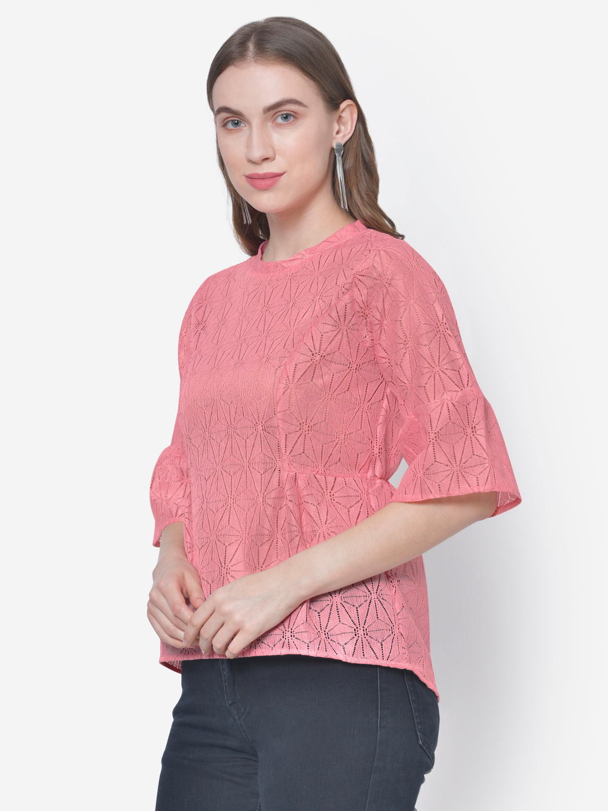 Women Pink Lace Peplum Top
