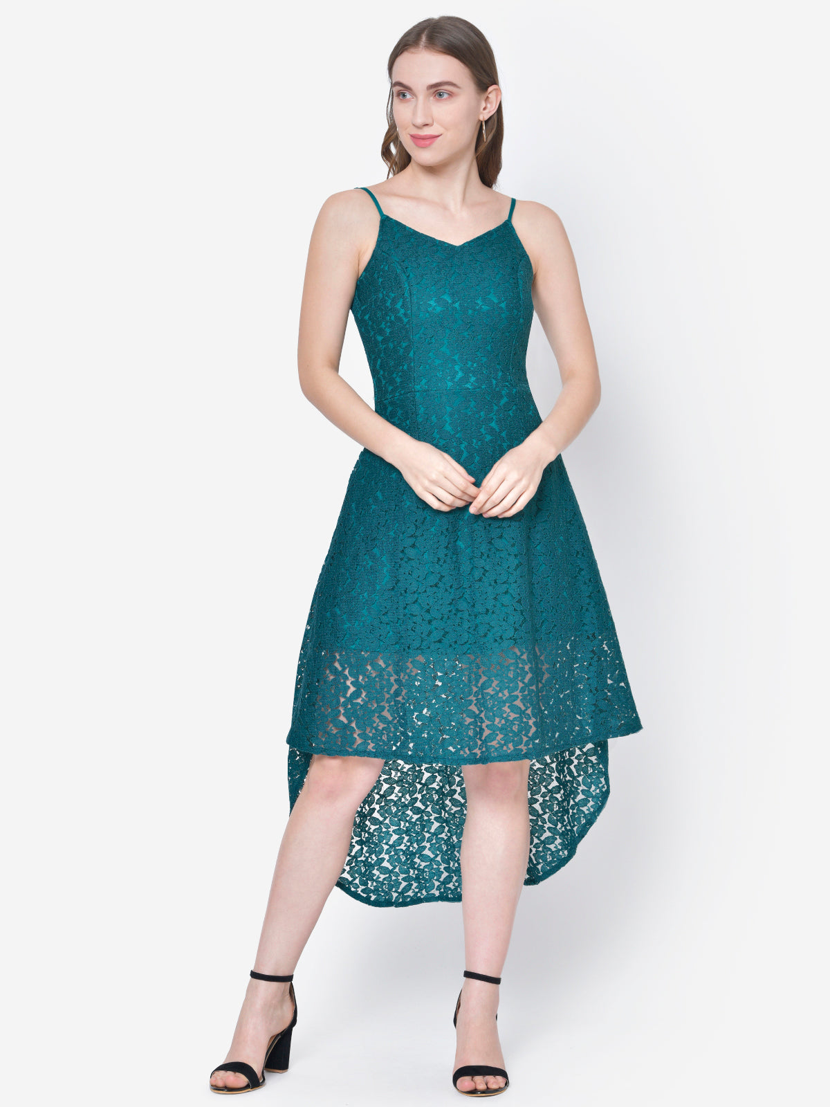 Women Green Lace High Low Dress
