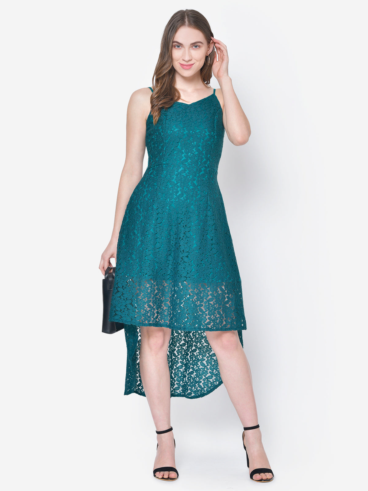 Women Green Lace High Low Dress