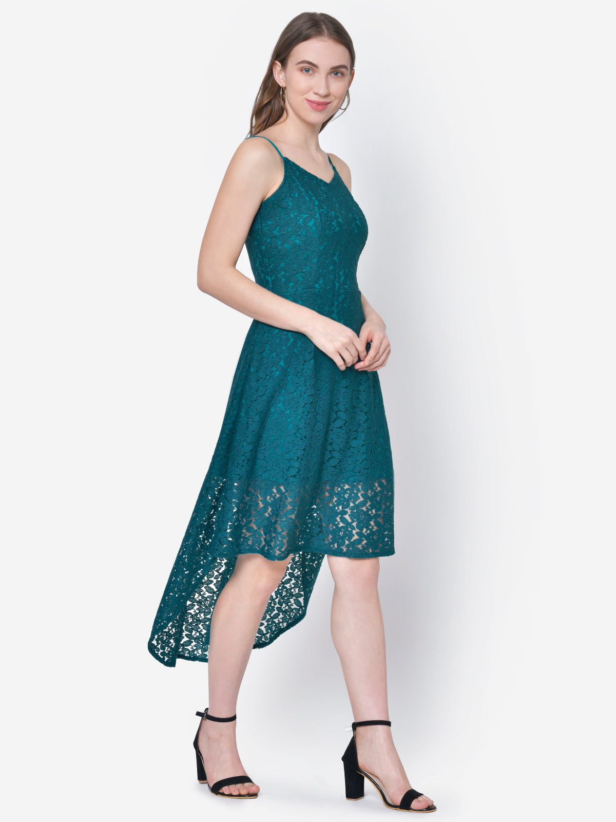 Women Green Lace High Low Dress