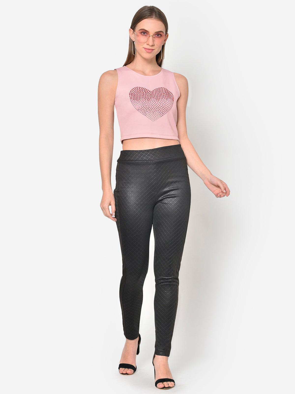 Women Pink Neoprene Heart Studded Crop Top