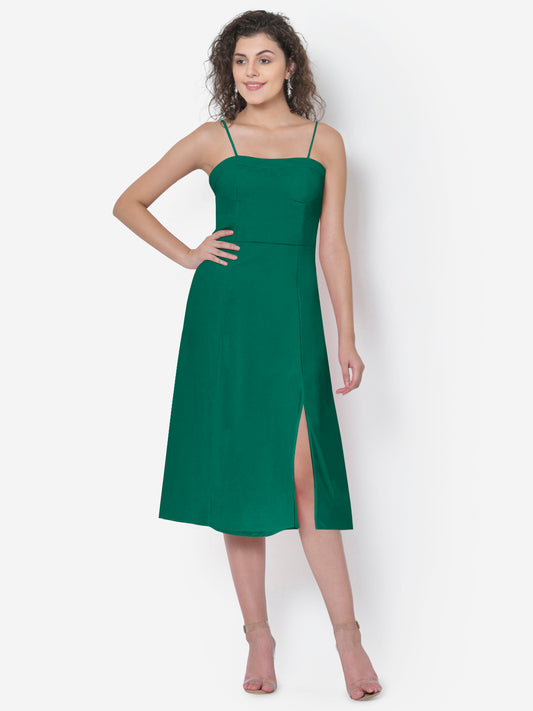 Women Green Tie Up Strap Front Slit Dress
