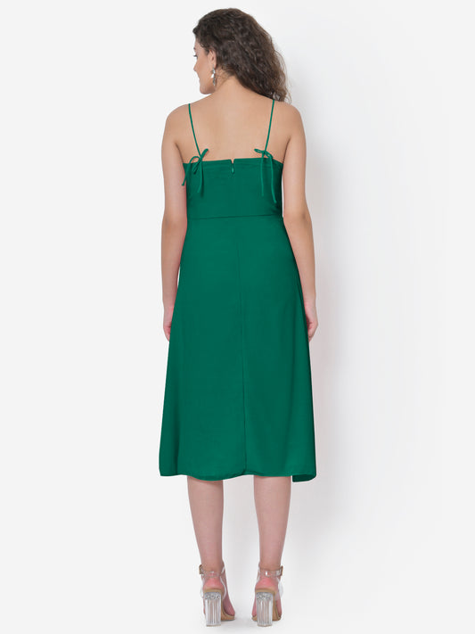 Women Green Tie Up Strap Front Slit Dress