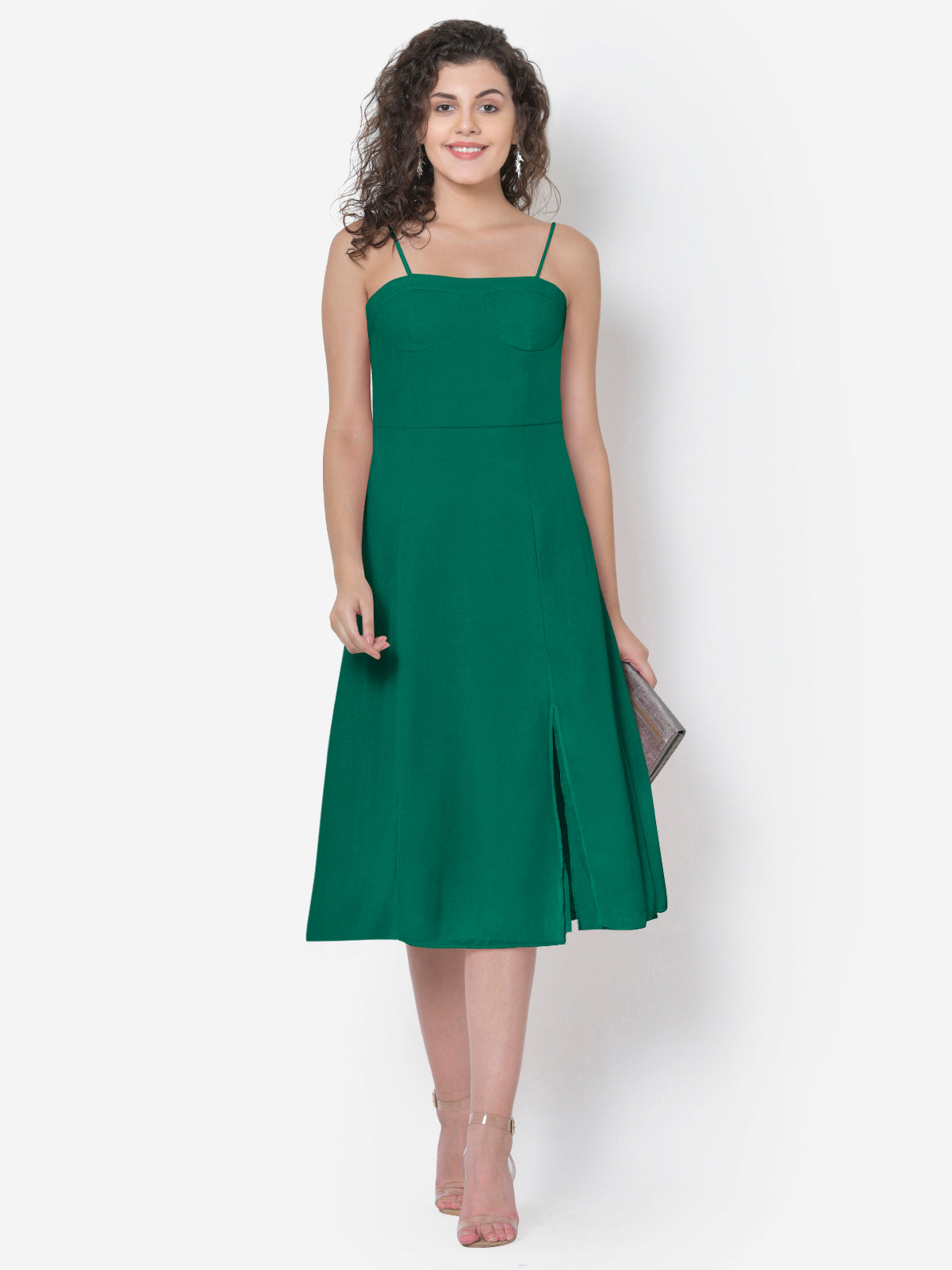 Women Green Tie Up Strap Front Slit Dress