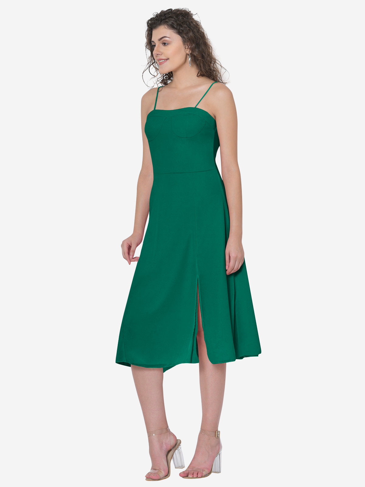 Women Green Tie Up Strap Front Slit Dress