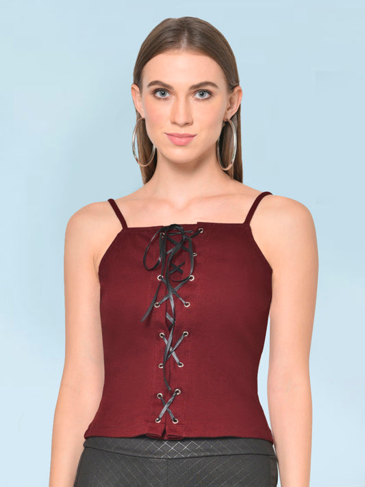 Women Maroon Eyelet Lace-up Rib Top
