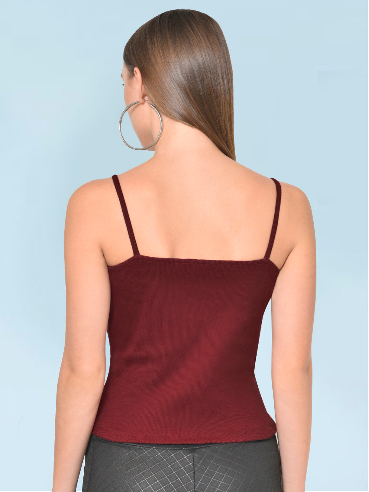 Women Maroon Eyelet Lace-up Rib Top