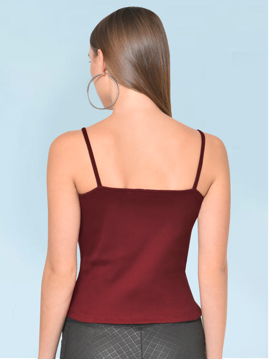 Women Maroon Eyelet Lace-up Rib Top