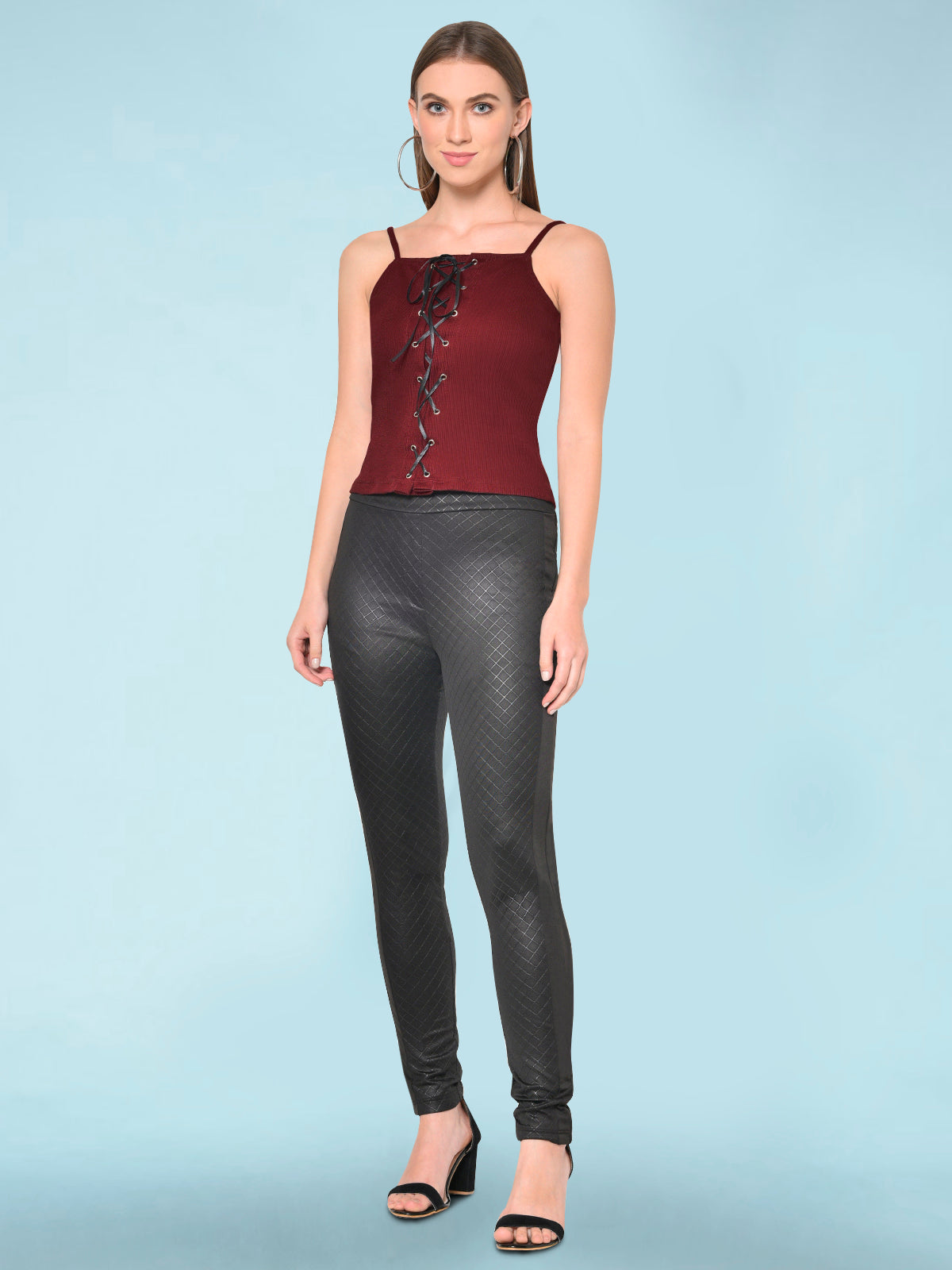 Women Maroon Eyelet Lace-up Rib Top