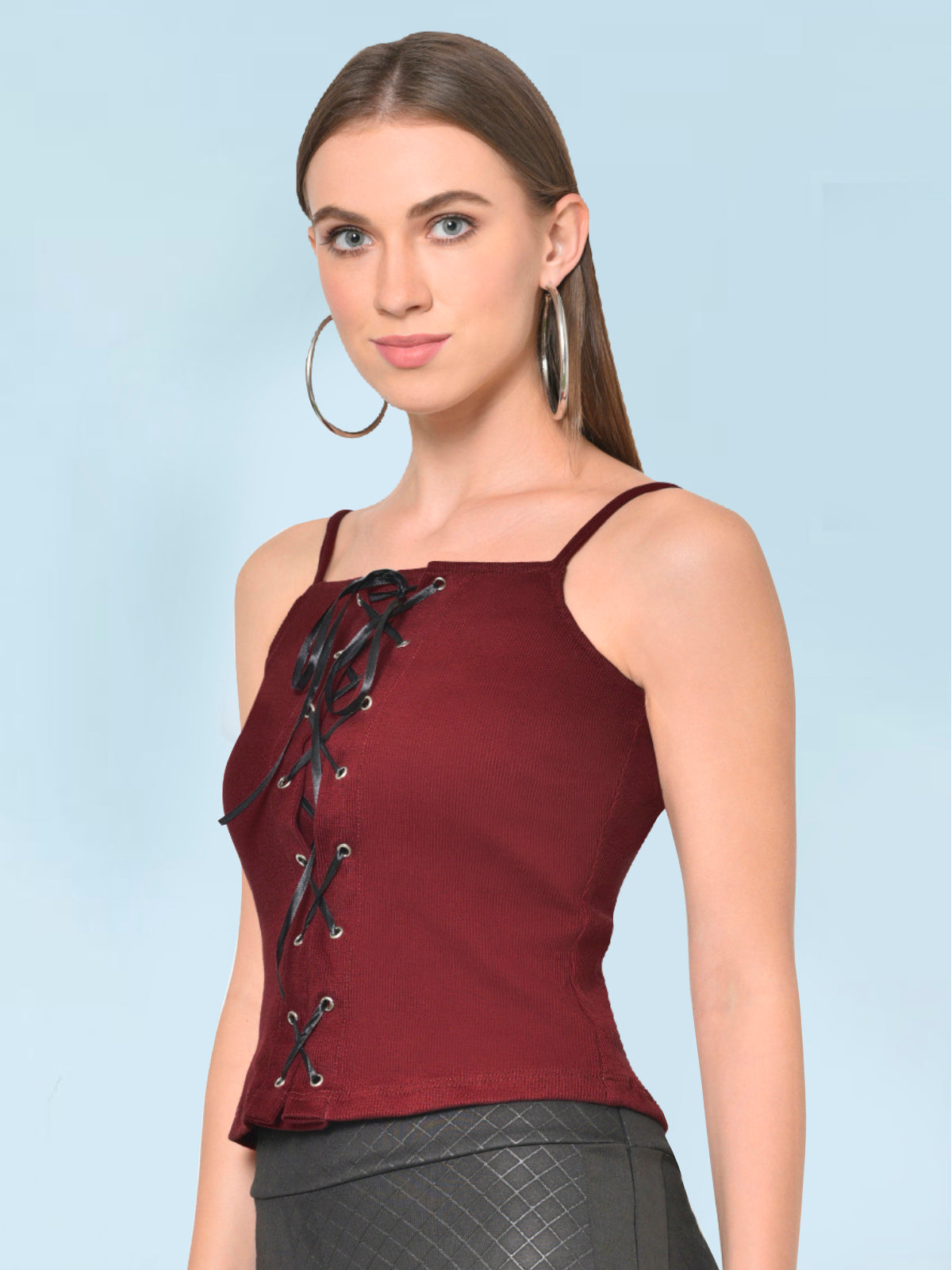 Women Maroon Eyelet Lace-up Rib Top