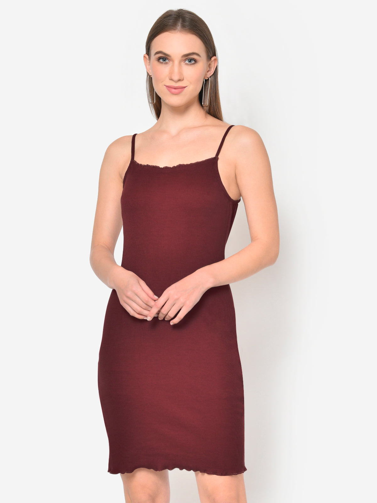 Women Maroon Ribbed Strap Bodycon Dress