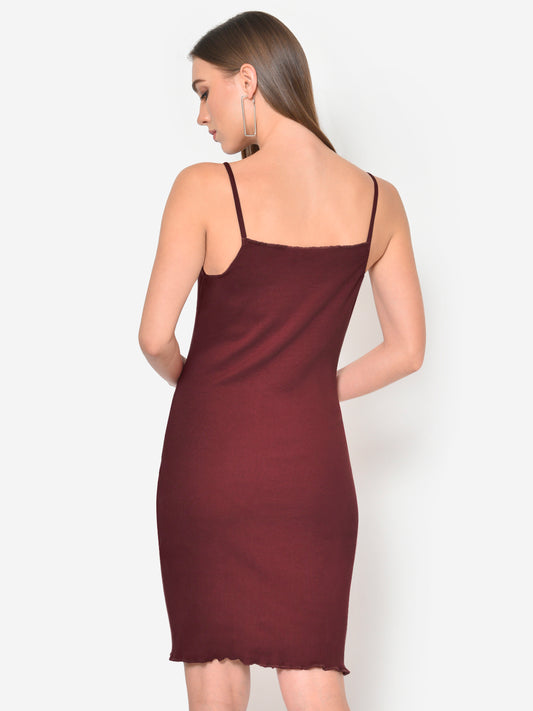 Women Maroon Ribbed Strap Bodycon Dress