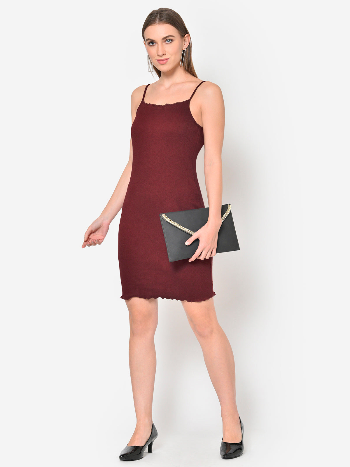 Women Maroon Ribbed Strap Bodycon Dress