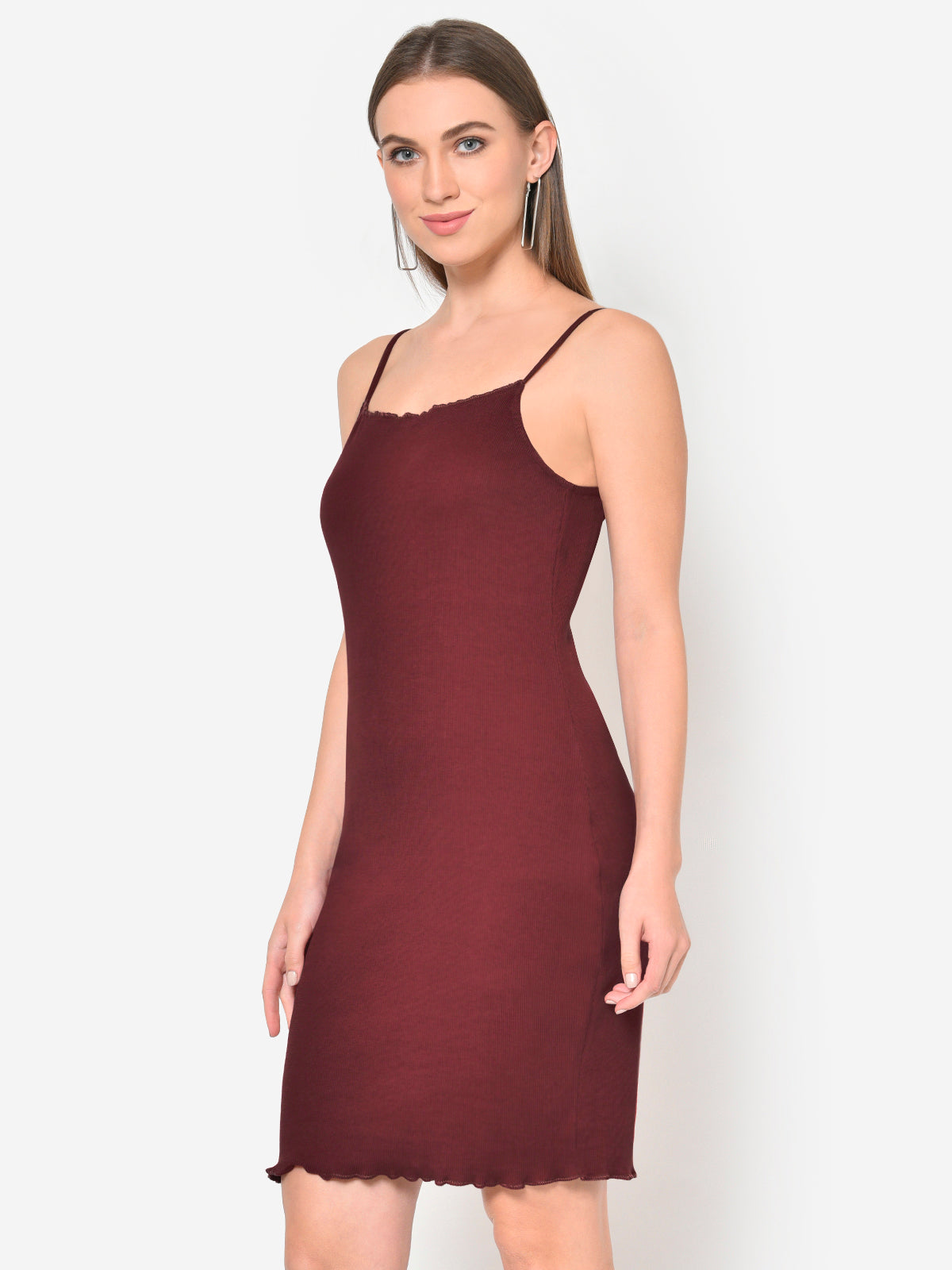 Women Maroon Ribbed Strap Bodycon Dress