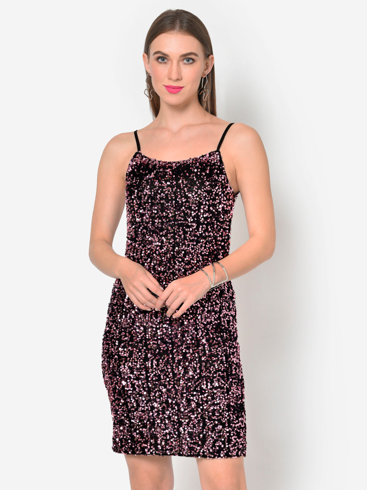 Women Pink Sequin Strappy Partywear Bodycon Dress