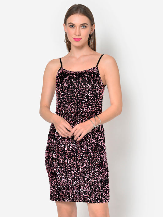 Women Pink Sequin Strappy Partywear Bodycon Dress