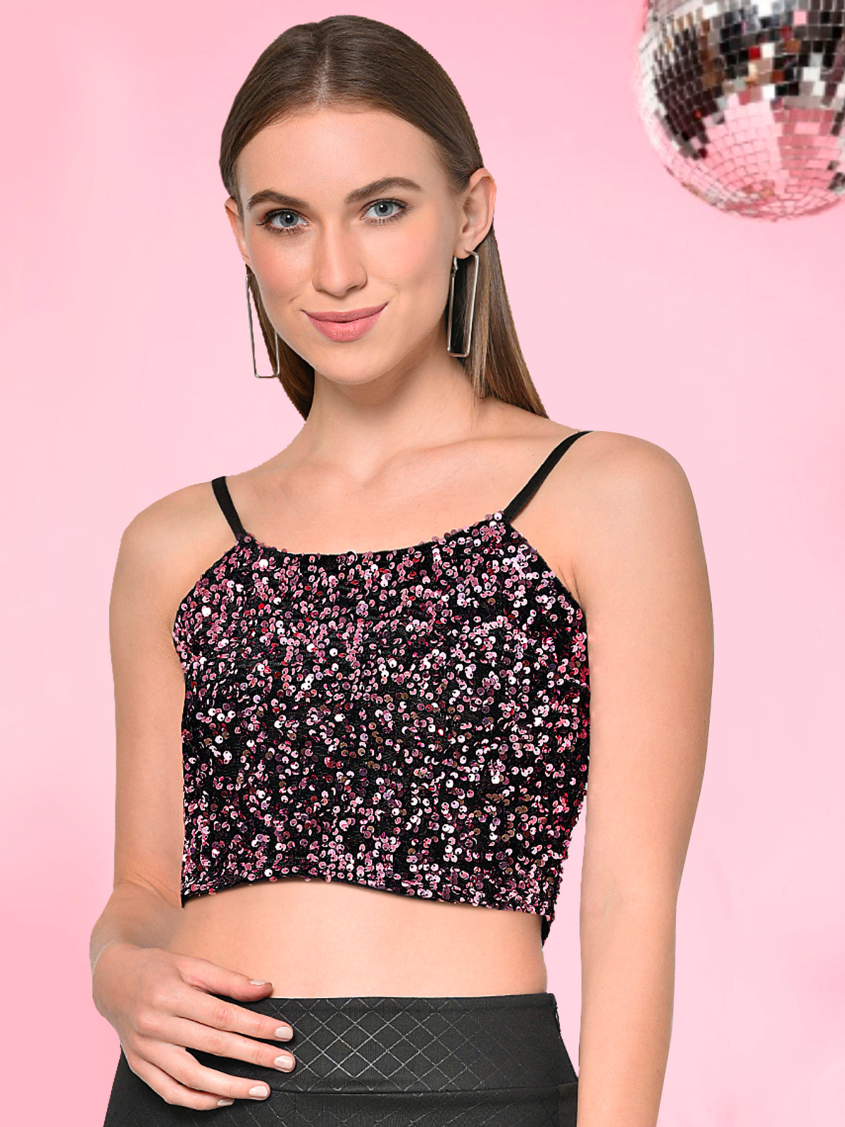 Women Pink Sequin Partywear Crop Top