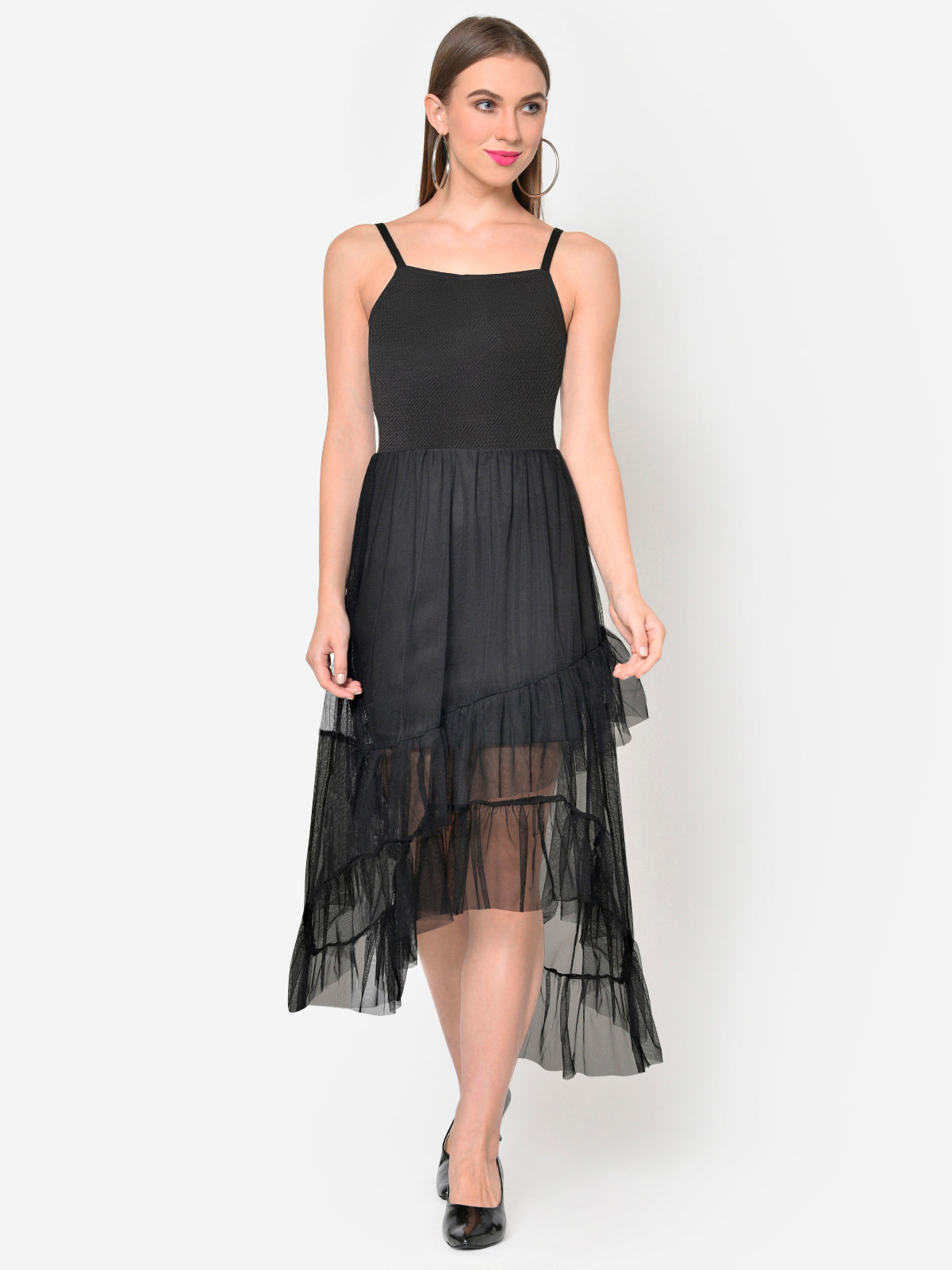 Women Black Mesh Frilled Hem High Low Dress