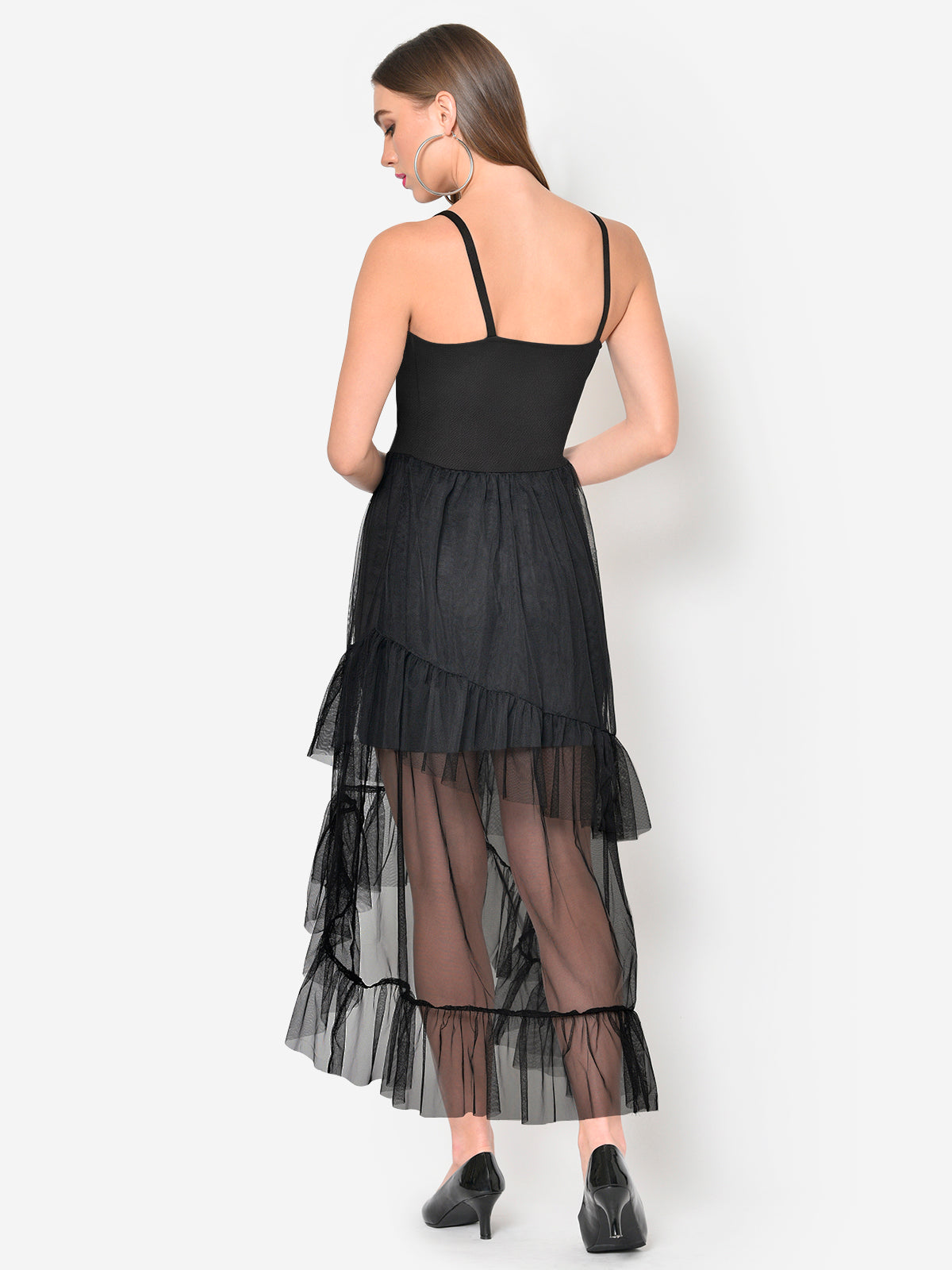 Women Black Mesh Frilled Hem High Low Dress