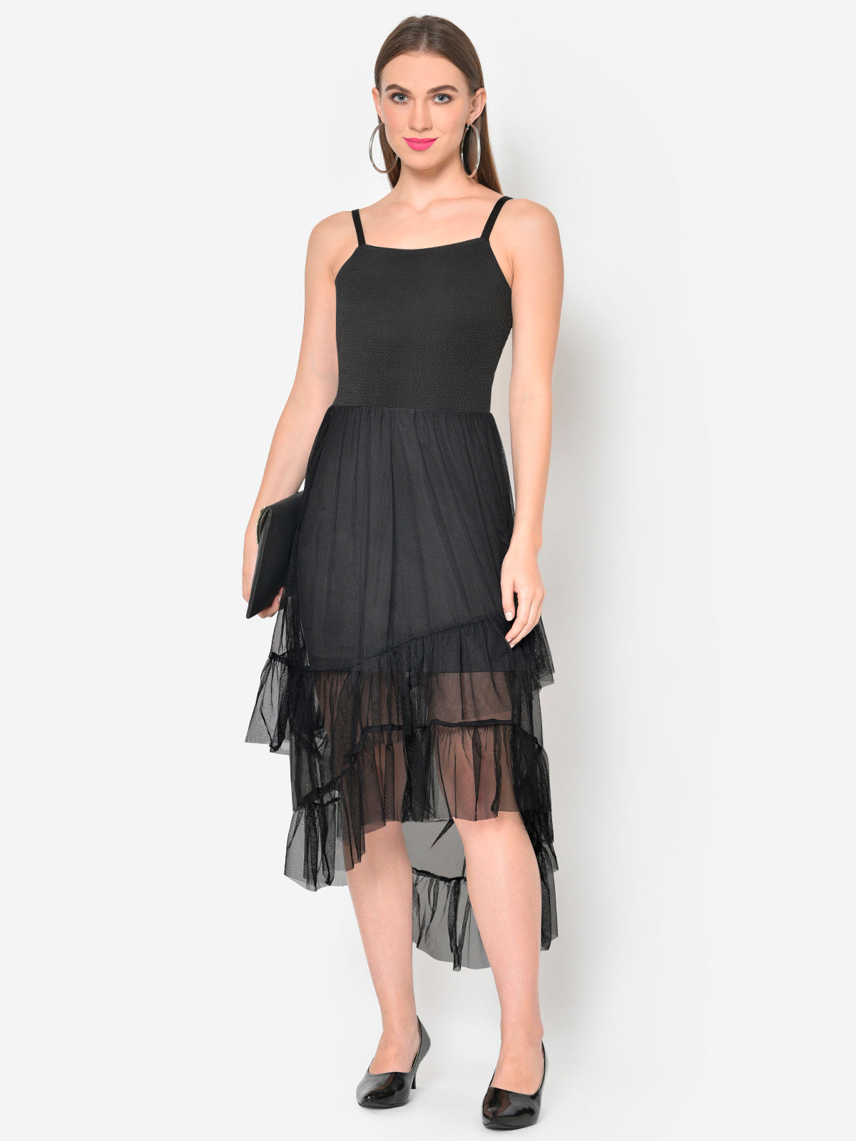 Women Black Mesh Frilled Hem High Low Dress