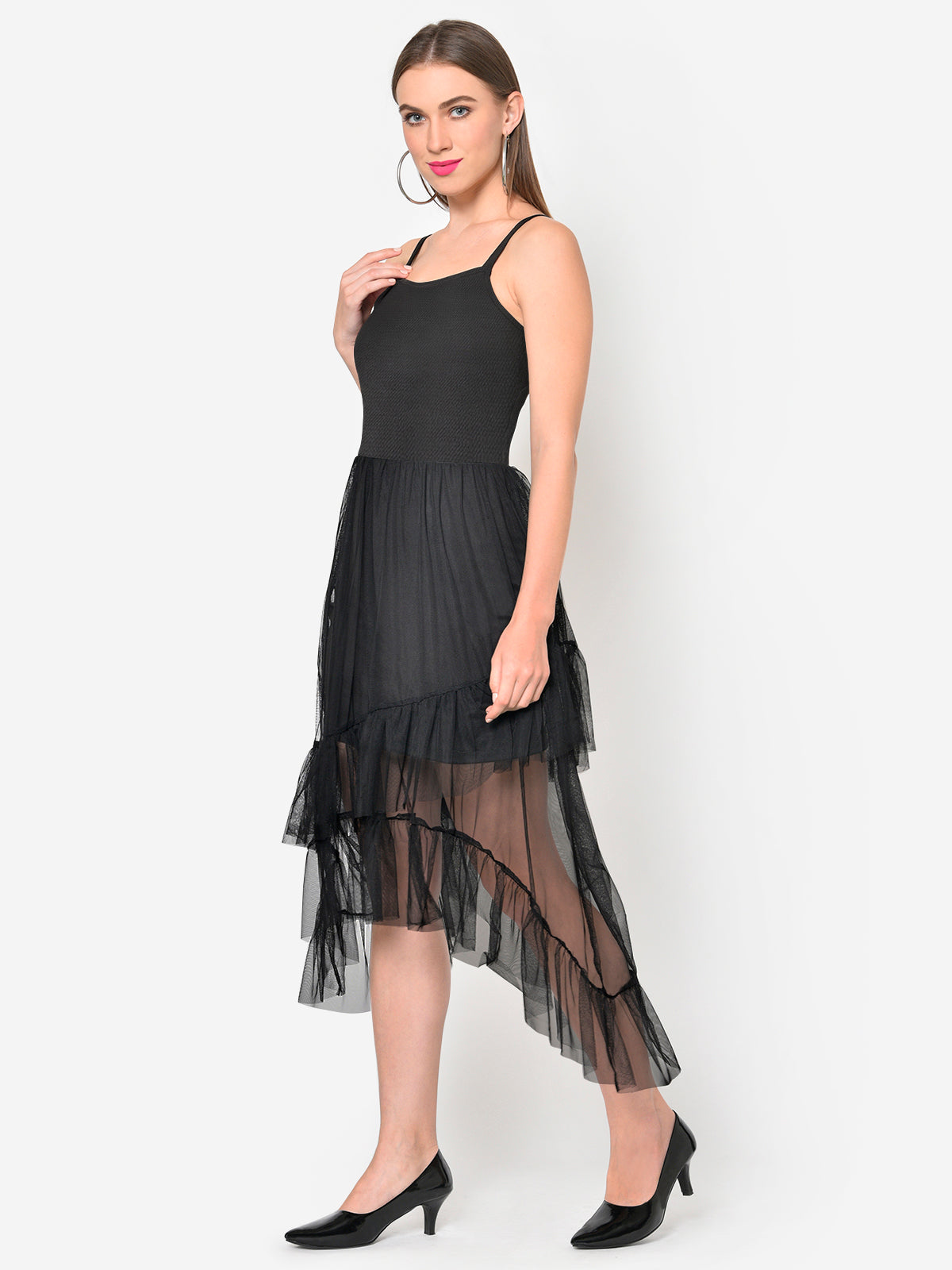 Women Black Mesh Frilled Hem High Low Dress