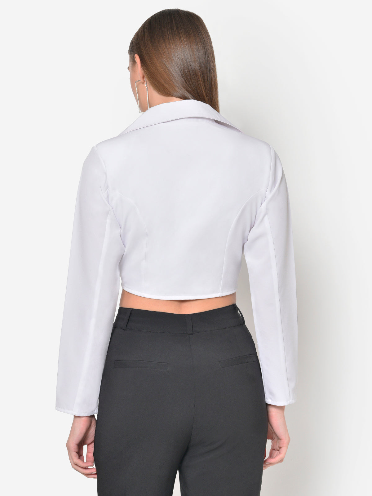Women White Full Sleeve Blazer Crop Top