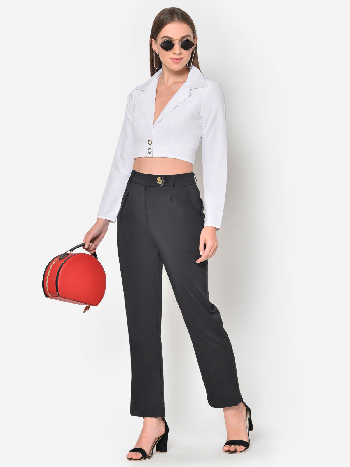 Women White Full Sleeve Blazer Crop Top