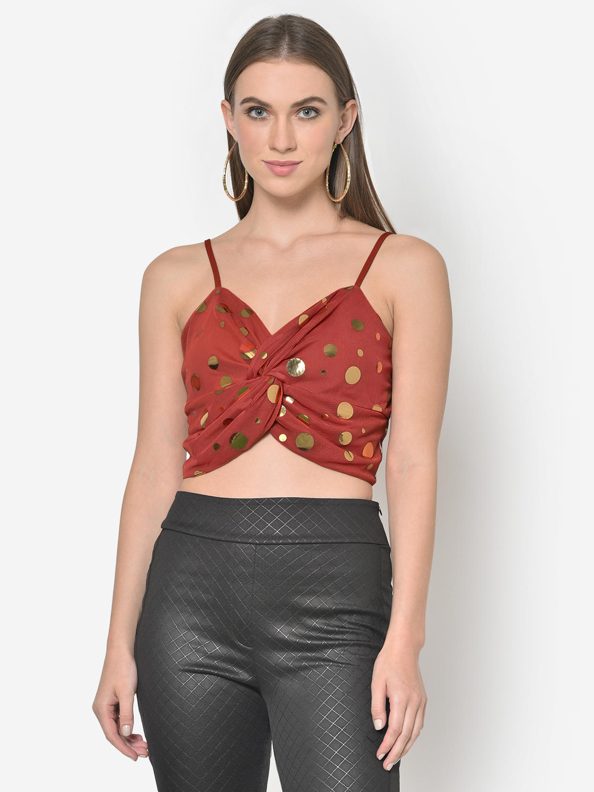 Women Rust Twisted Golden Disc Crop Top