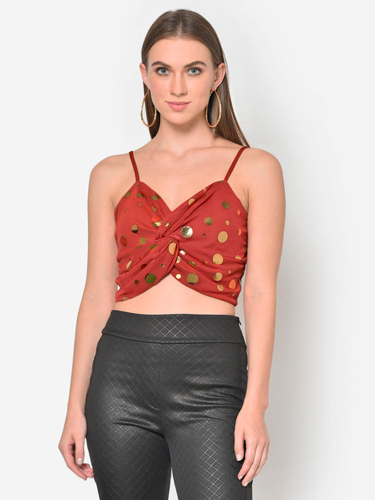 Women Rust Twisted Golden Disc Crop Top