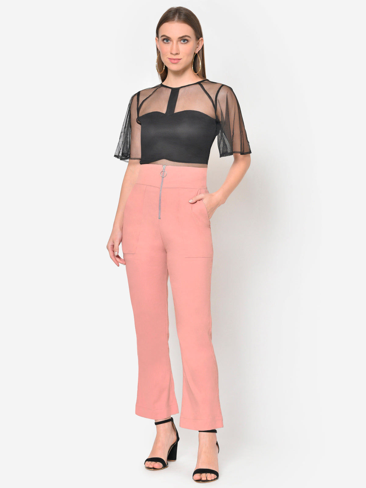Women Peach High Waist Front Zip Bootcut Trouser