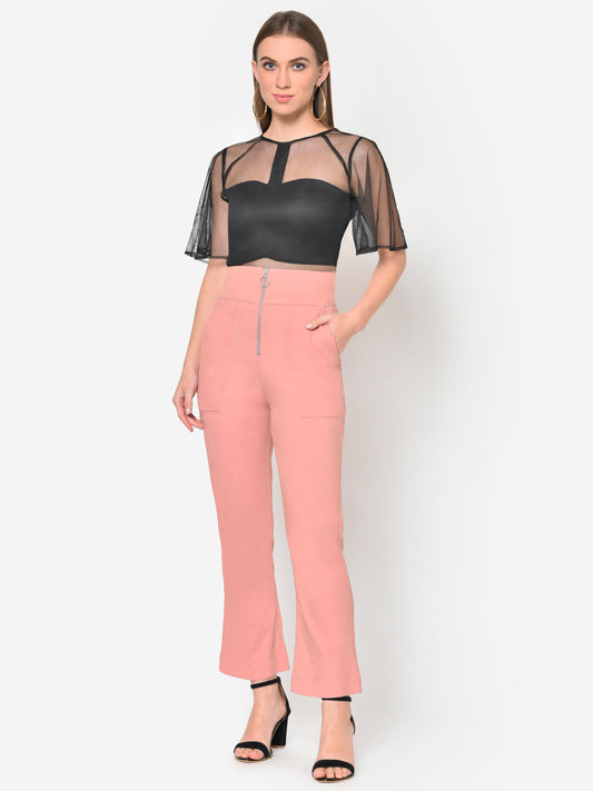 Women Peach High Waist Front Zip Bootcut Trouser