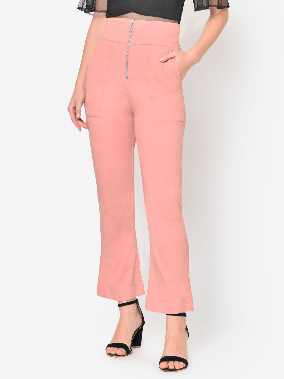 Women Peach High Waist Front Zip Bootcut Trouser