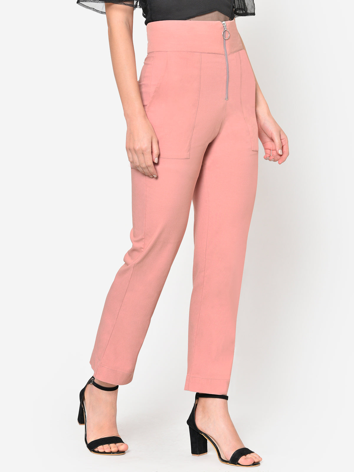 Women Peach High Waist Front Zip Bootcut Trouser