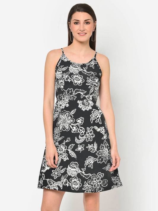 Women Black & White Floral Strappy Dress