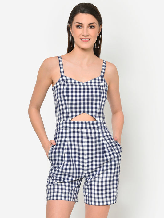 Women Blue White Checks Waist Cutout Playsuit