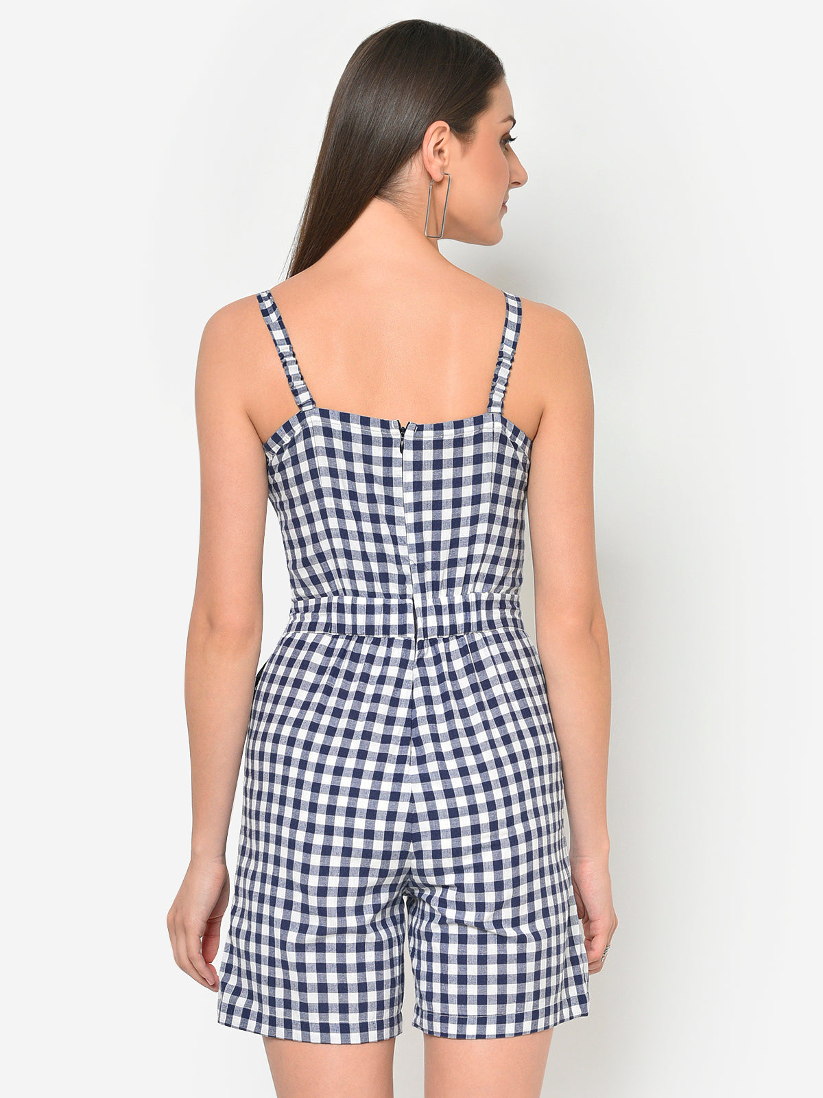 Women Blue White Checks Waist Cutout Playsuit