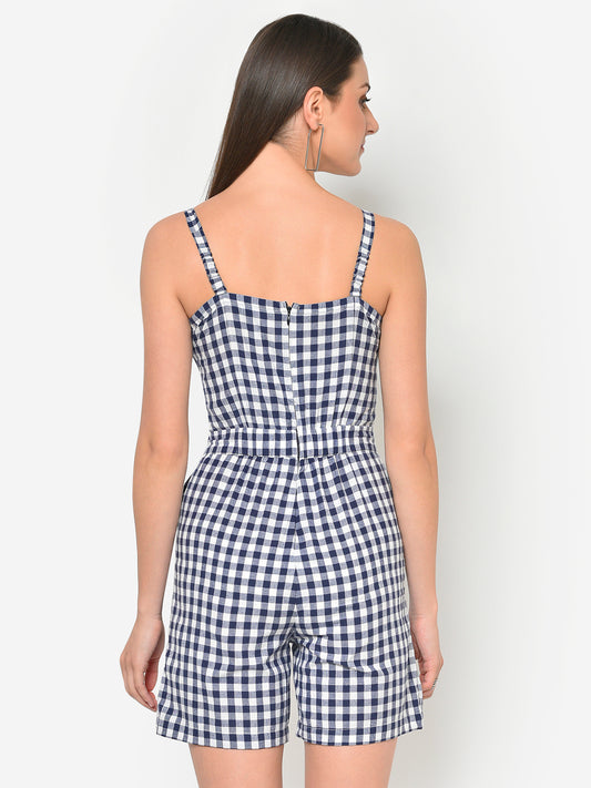 Women Blue White Checks Waist Cutout Playsuit