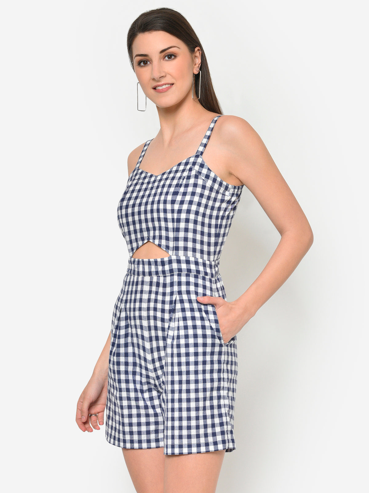 Women Blue White Checks Waist Cutout Playsuit
