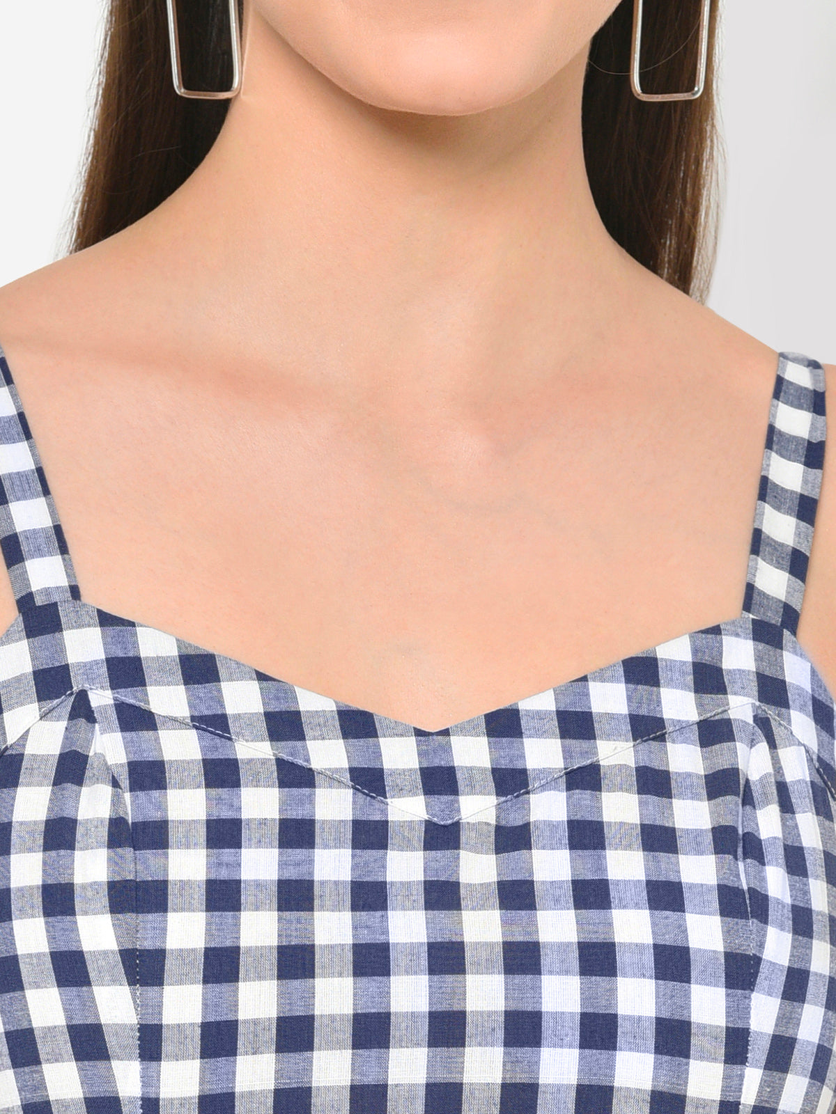 Women Blue White Checks Waist Cutout Playsuit