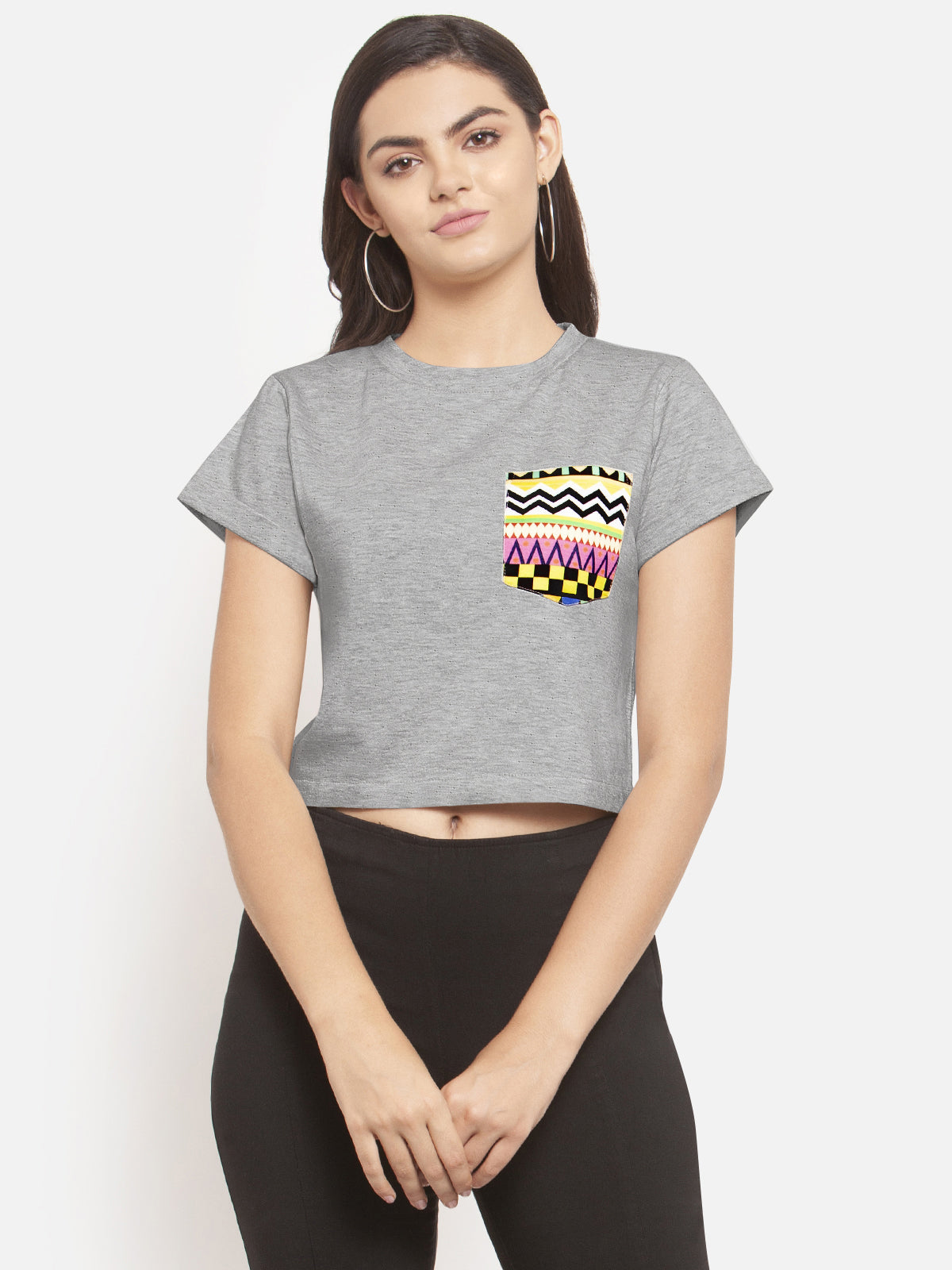 Women Colored Pocket Grey Nepstar Crop Top