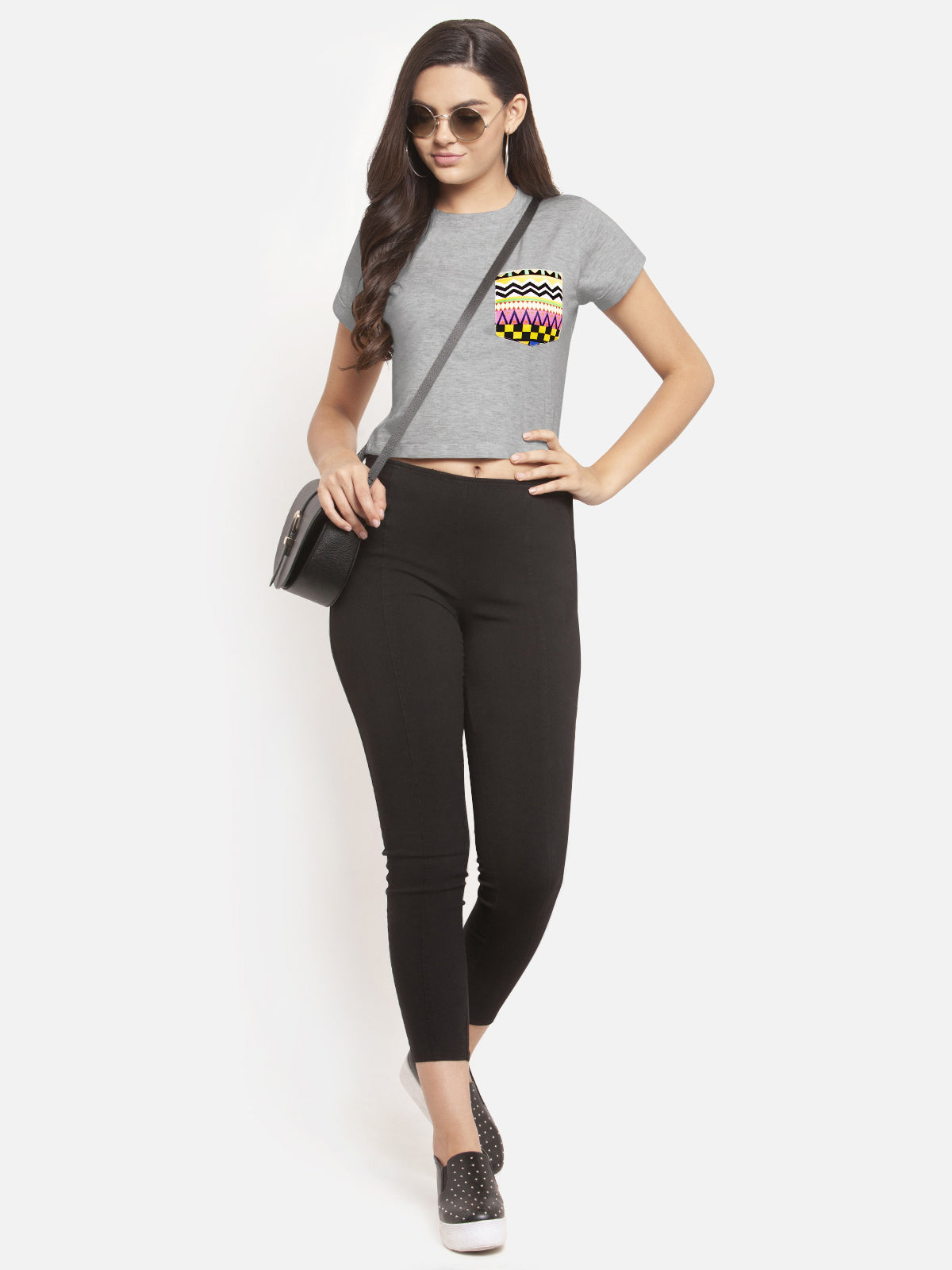 Women Colored Pocket Grey Nepstar Crop Top