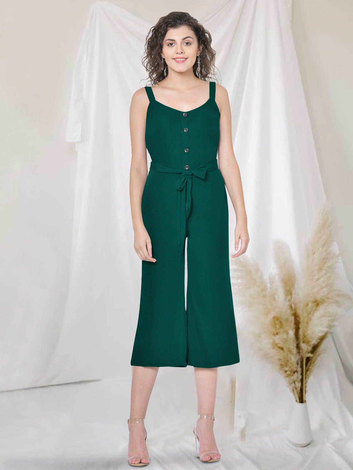Women Green Front Buttoned Strappy Jumpsuit