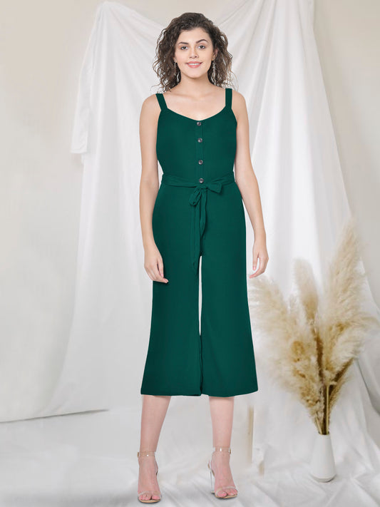 Women Green Front Buttoned Strappy Jumpsuit