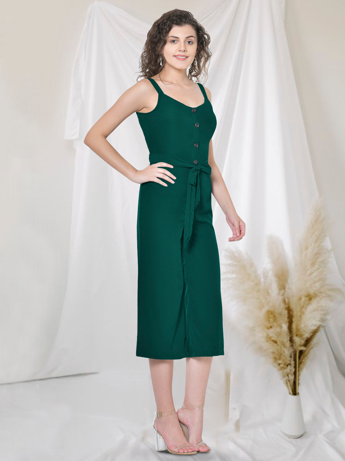 Women Green Front Buttoned Strappy Jumpsuit