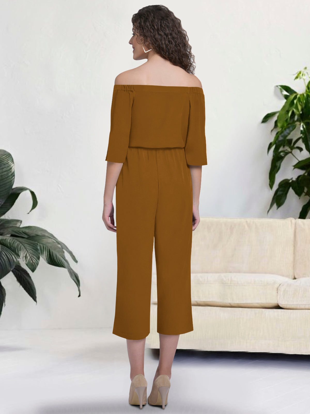 Women Light Brown Off Shoulder Jumpsuit