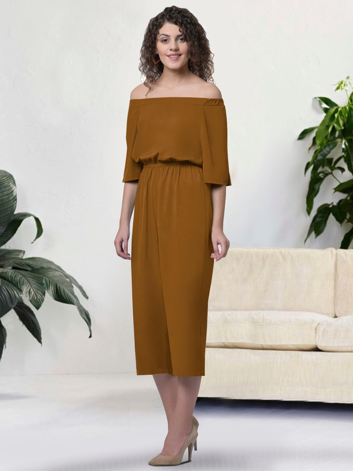 Women Light Brown Off Shoulder Jumpsuit