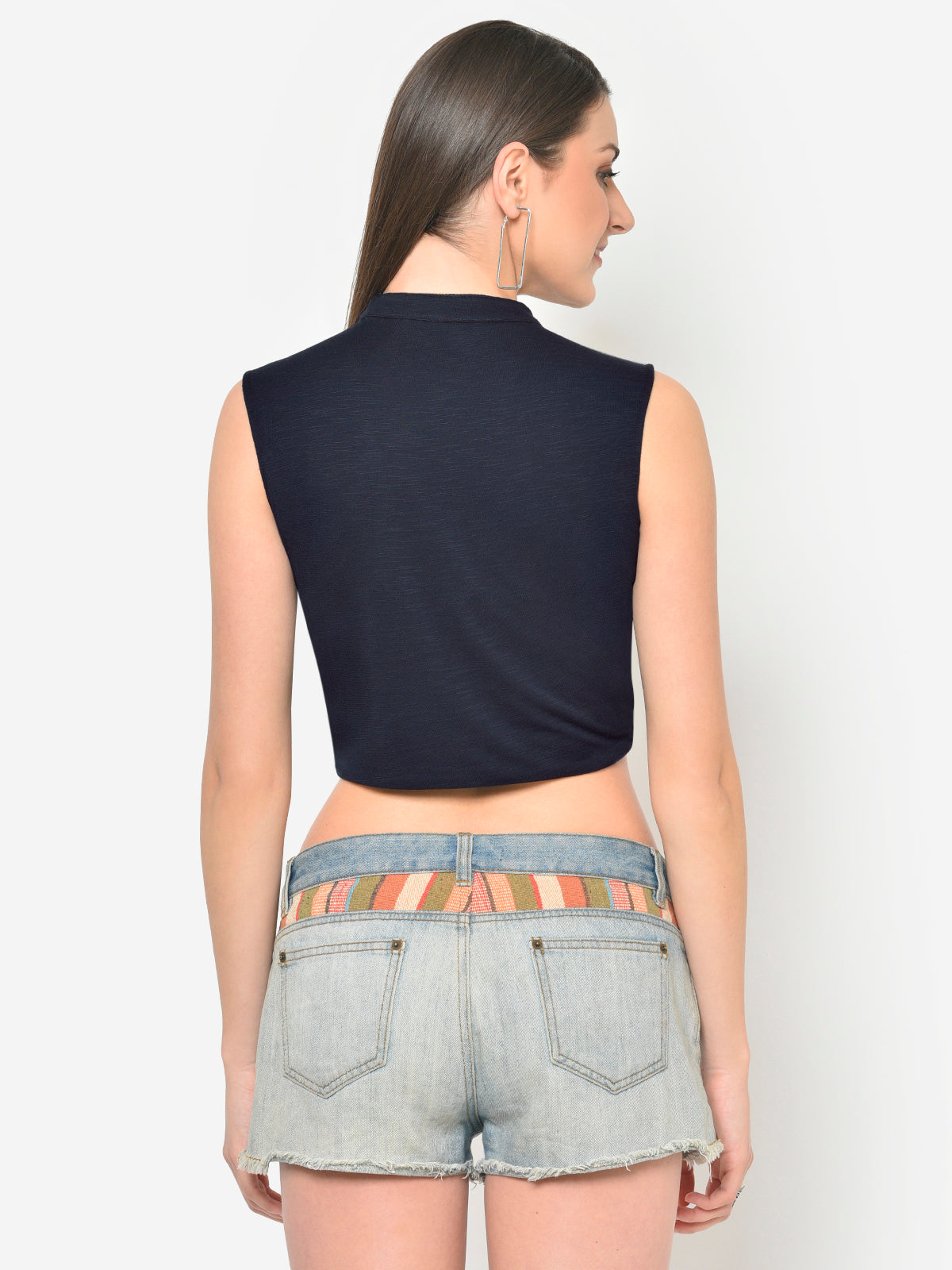 Women Blue Choker Neckband Twisted Crop Top