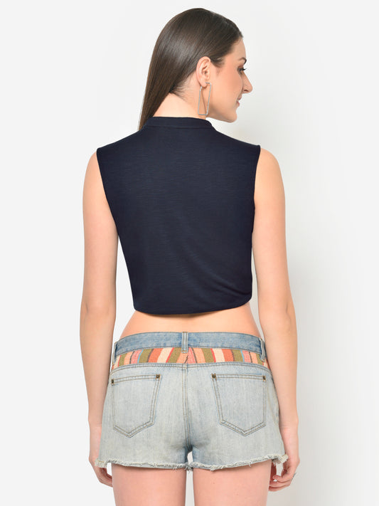 Women Blue Choker Neckband Twisted Crop Top