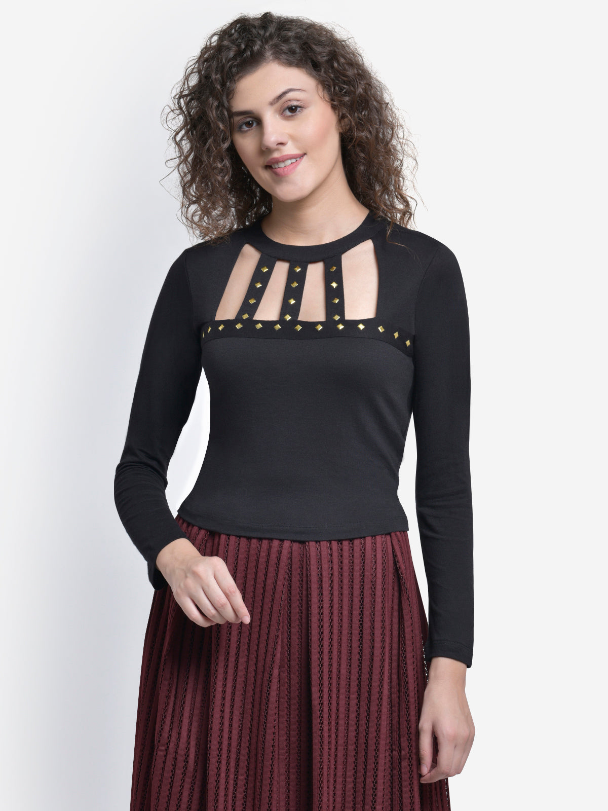 Women Black Studded Cage Neck Crop Top
